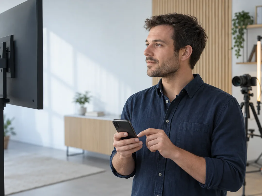 A presenter using his phone while looking at a separate teleprompter screen